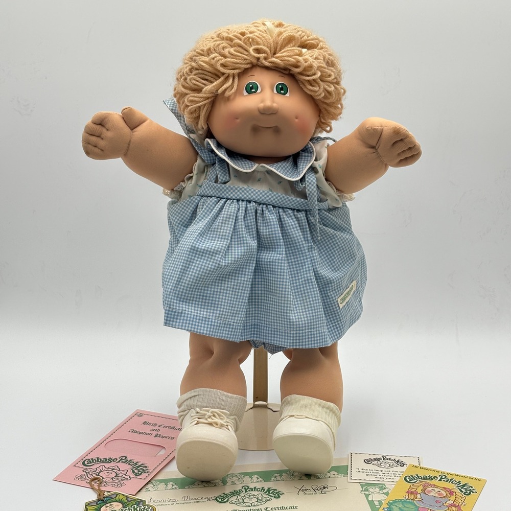 1983 Cabbage Patch Kids Gold Loops Green Eyes HM 2 OK Blue Gingham Dress 18"